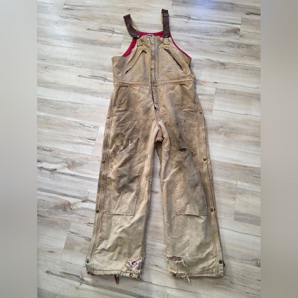 Carhartt Red Quilt Lined 42x31 Distressed Thrashed Destroyed Bib Coveralls Vtg